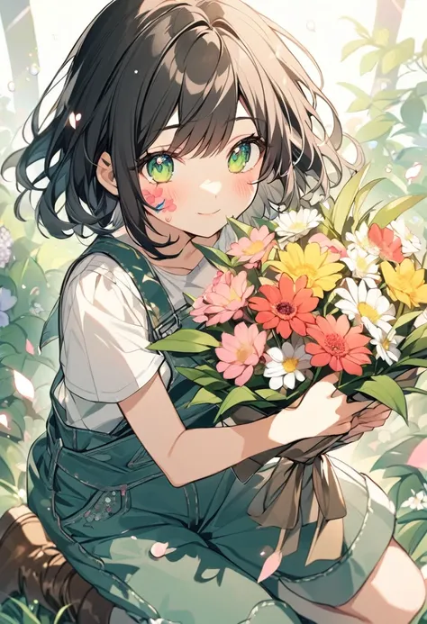 A girl ((solo)). She has black hair, green eyes with pink sparkles. She has a flower mark on the cheek. Shes wearing overalls and a white button shirt, with leather boots. Shes holding a flower bouquet.