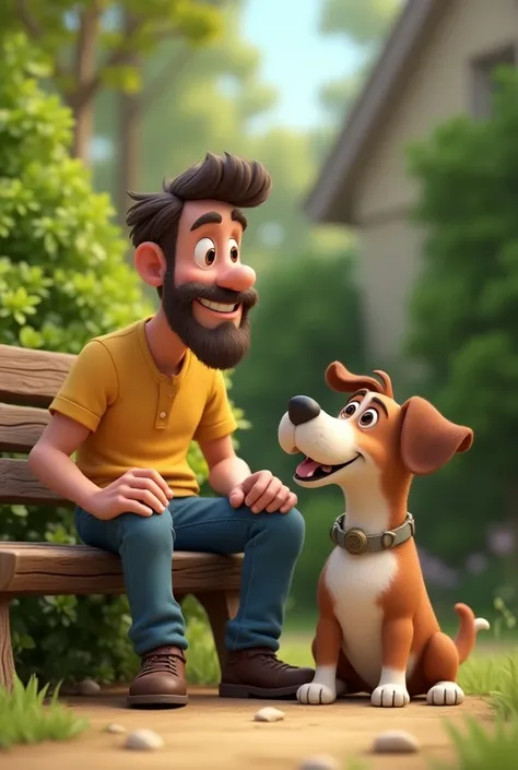 3D cartoon style "A cheerful man named Ram sitting on a wooden bench in his backyard, looking thoughtfully at his dog, a medium-sized brown and white dog named Tommy, who is lying down in a relaxed, lazy pose."

