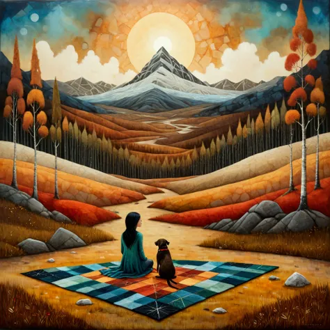 oil and acrylic painting. In the style of Andy Kehoe, Dave McKean. Landscape, a wide shot of a woman, balck hair, is sitting on wide patchwork blanket, with irregular triangular wefts with warm colors, brown ochre, red, sitting with her ((brown)) labrador ...