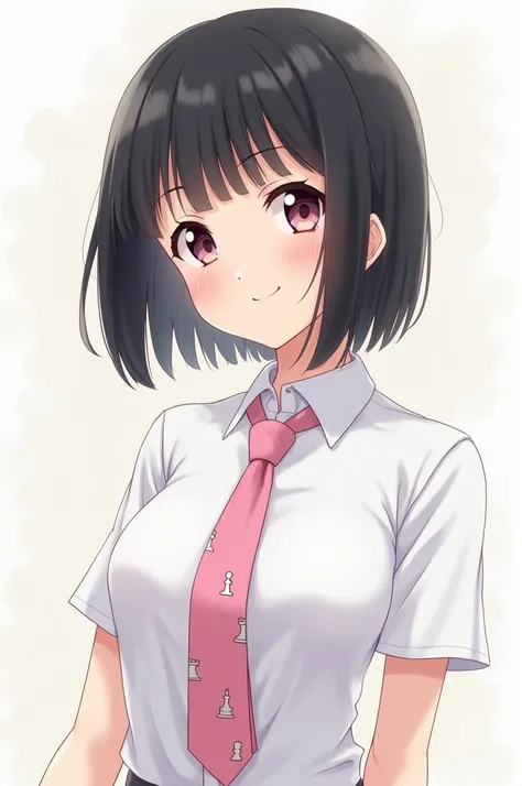 An anime girl with short black hair smiling and wearing a white uniform with a pink necktie with small chess looking slightly sideways