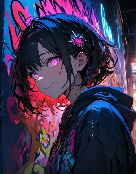 masterpiece, Best Quality, 8k, detailed background , masterpiece, Best Quality, smile,  ornament,  hoodie, Portraiture, Neon Blue, graffiti, dark, night, Shining Eyes,  Black Light 