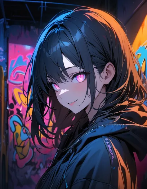 masterpiece, Best Quality, 8k, detailed background , masterpiece, Best Quality, smile,  ornament,  hoodie, Portraiture, Neon Blue, graffiti, dark, night, Shining Eyes,  Black Light 