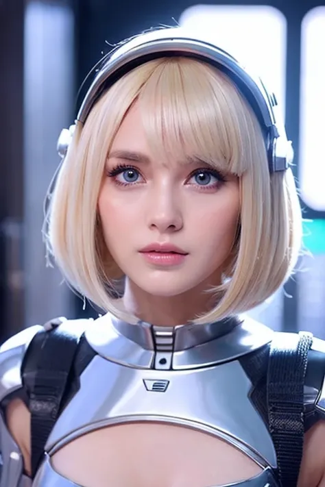  android、 sexy、Blonde Short Cut、Space Suit、whole body、metallic ornaments、Transparent helmet、 60s Sci-fi Movie Style 、 pastel colors 、Woman facing the front with a futuristic spaceship in the back 、A view of the future、 Retrofuture、 well-prepared face、 beau...