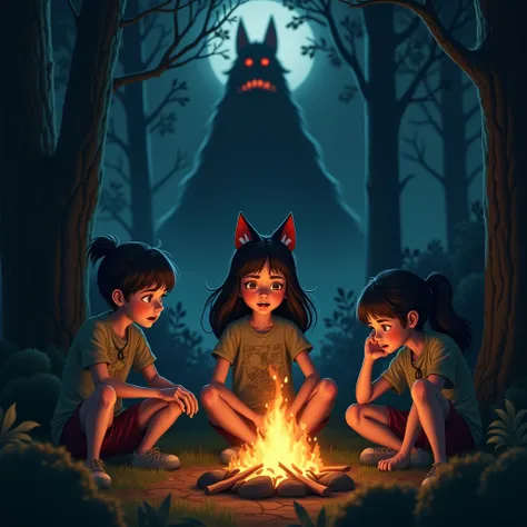 girl cat ears at night near a fire in the forest tells scary stories to friends who are horrified and horrified by a huge monster behind them