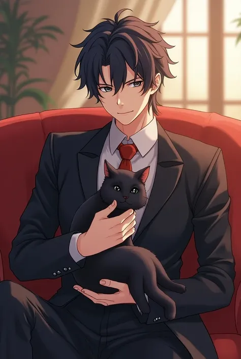 Anime man holding a black cat sitting on a sofa in a room, Character portrait of Yang J, Trending on Pixiv, Continuous art, artwork in the style of Guwayiz,  a delicate and benign prince ,   Handsome man character portrait  ,  Kaishkun , Guwayiz,  Beautifu...