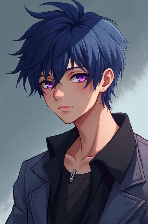 A young man around the age of 17. With small scars on his nose, have deep blue hair, deep purple eyes, tannish white skin, average height, have a belly piercing, a bit muscular and handsome (realism)