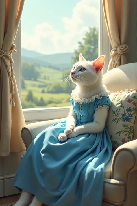 The White Cat in a Blue Dress Sits by the Window