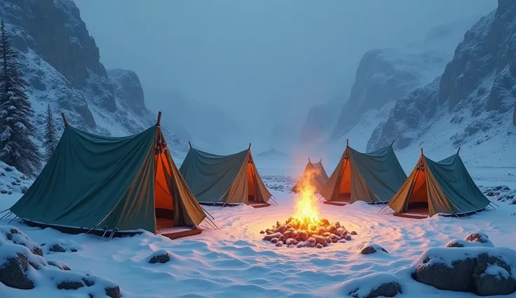 Many tents in the snow and a fire burning in front of some of them