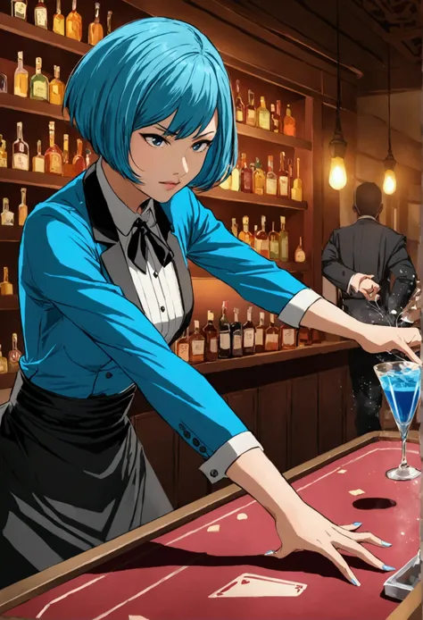 Woman with short hair and blue colored cya clothes bartender fights sekumpulan iblis dengan menggunakan pedang