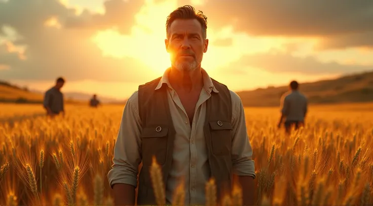 a man in a wheat field surrounded by healthy crops and farmers, detailed portrait, cinematic lighting, vibrant colors, photorealistic, 8k, highly detailed, unreal engine, studio lighting, depth of field, golden hour, organic textures, lush foliage, warm to...