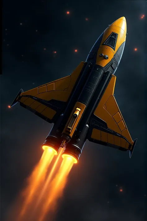 A black and yellow colored rocket in space