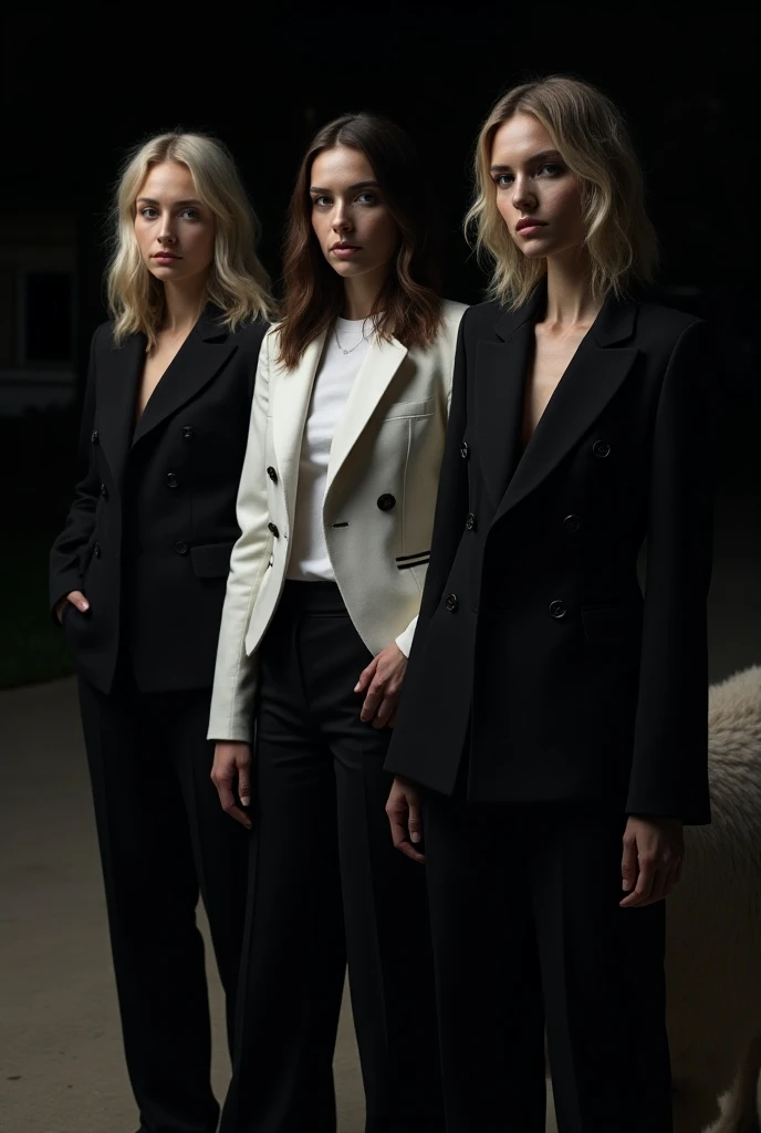  3cool women are wearing black and white jackets、 The background is night ,  in addition to human-height alpaca , name "FENDRA "