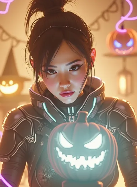   happy halloween  ,   Cyberpunk Cyborg Girl  ,(1 female),  Pumpkin Lantern ,witch,   Halloween Decorations  ,  transparent purple overlay  ,photoRealistic,8k,Advanced Details,masterpiece,( Best Quality,4K,8k,  High image quality ,masterpiece:1.2),Super de...