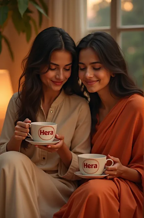 A Indian couple drinking tea with cup and on cup logo name of cup is HERA