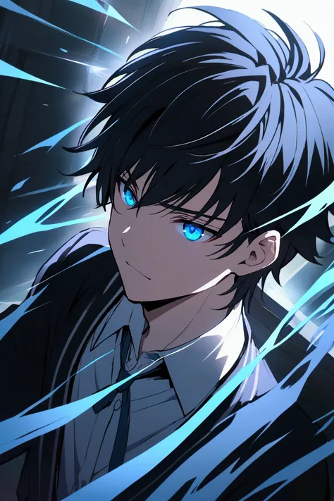 Male Anime Characters, Black Hair, Blue, Blue Eyes, Mixed Light Blue, Wearing School Male School Uniform.Black Japanese Tip