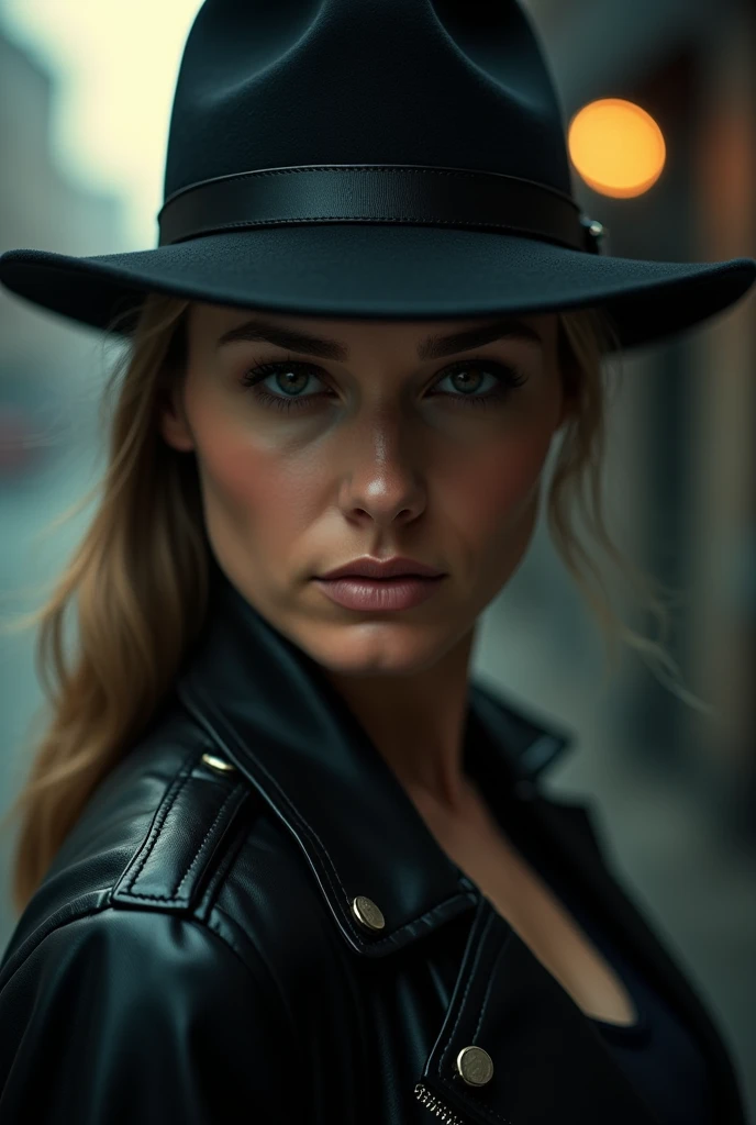 A close-up shot of a woman with a serious expression, wearing a black leather jacket and a fedora, The background should be out of focus and feature a gritty, urban setting