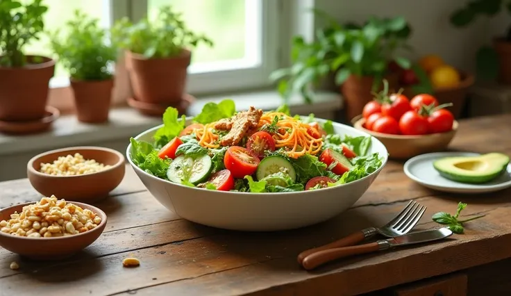 A vibrant salad spread is beautifully arranged on a wooden table, showcasing an array of colorful ingredients. In the center, a large bowl of mixed greens is topped with sliced cherry tomatoes, cucumber ribbons, grated carrots, and pieces of grilled chicke...