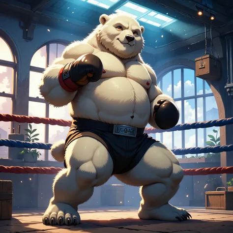 character focus, full body, looking away, dynamic angle, cyberpunk, boxer, musclegut middle-aged polar bear man, full body in Michelangelo Buonarroti style, housamo style, digital illustration anime, BREAK complete anatomy, perfect proportions, beautiful t...