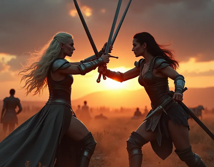 Epic, photorealistic battle scene on a dramatic battlefield at sunset, highlighting an intense sword fight between two iconic characters: Xena and Daenerys Targaryen. Daenerys, with her long, flowing platinum blonde hair, wears a regal gown and armor, grip...