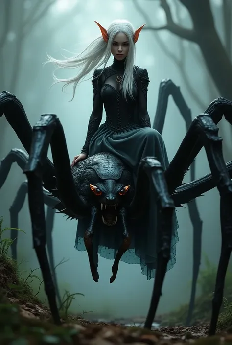  Black Elf.  white long hair . Riding a Spider 