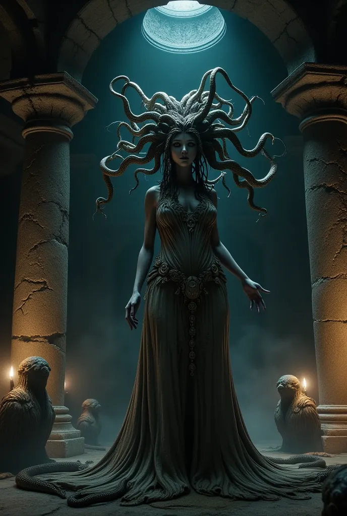 a chilling, mythical illustration of medusa, the fearsome gorgon. she stands in a dark, ancient temple with cracked stone pillar...