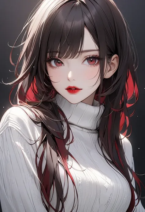 Beautiful dark-haired girl with dark red lips、 white turtleneck knit