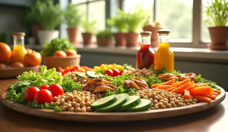 A beautifully arranged salad bar filled with a variety of fresh ingredients. The table showcases a colorful array of vegetables like cherry tomatoes, cucumbers, bell peppers, and carrots, alongside bowls of leafy greens, grilled chicken strips, chickpeas, ...