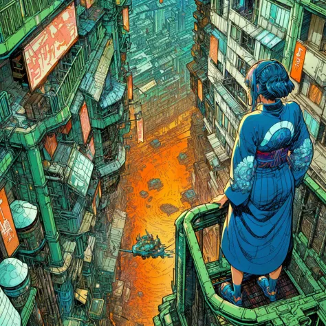 a woman in a blue kimono looking down into a futuristic city, style of moebius, métal hurlant, style of philippe druillet, anime...