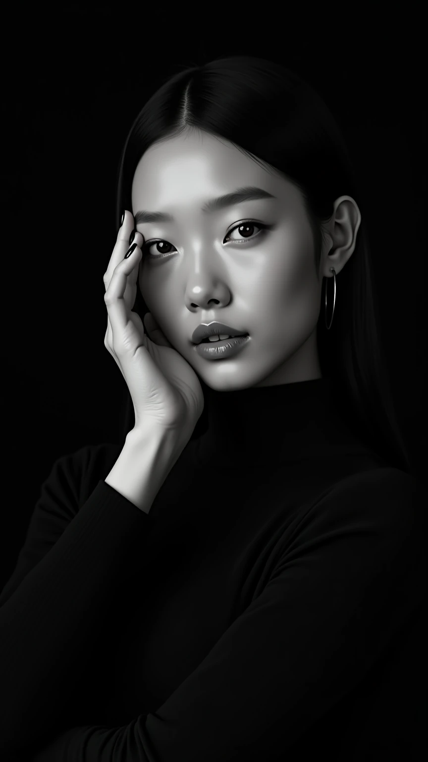 Hyperrealistic image, fine art photography by Annie Leibovitz from Generate a high-contrast, black-and-white portrait of a Korean woman with clean, symmetrical features and smooth, flawless skin. She has dark, straight hair parted down the middle, framing ...