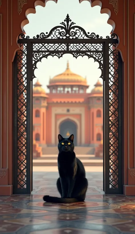 A medium size empty poster on a black cat gate in city palace jaipur  photorealistic