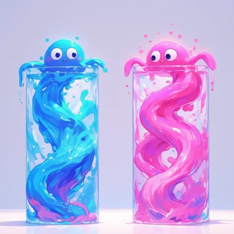 There are two acrylic tanks, one with blue water and one with pink water, from which cute little slimes emerge.