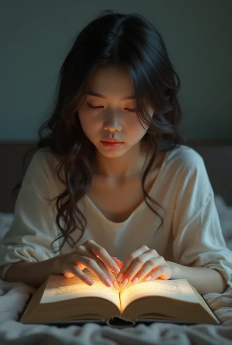 A picture of a girls hands behind a rocking laptop with a book in front of her.