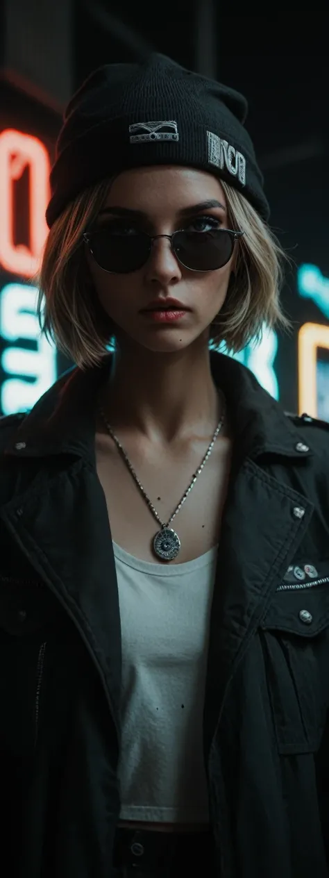 Enlarged face ,  alternative girl ,  looking through black sunglasses, jacket, necklace,  reflections of neon light on the skin, Sergeant, makeup,  skin imperfections ,  short hair, beanie hat, Neon lights background, weak light,  depth of field, high deta...