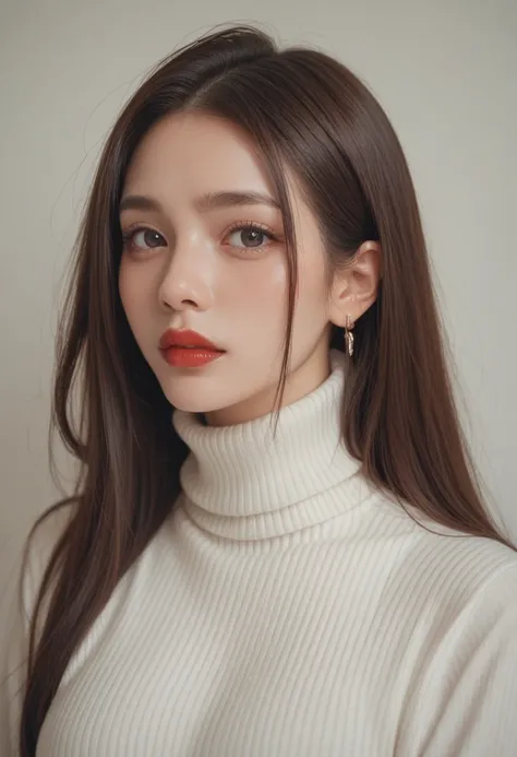 Beautiful dark-haired girl with dark red lips、 white turtleneck knit