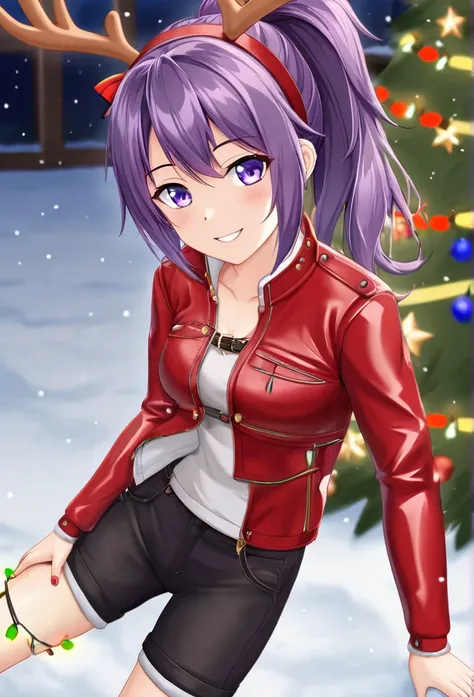  1 girl,  high definition, chest, smile,  purple eyes,  is anatomically correct, masterpiece,  ponytail、 short length down jacket、red leather  on the back 、 Christmas Lights、snow、Im riding a reindeer