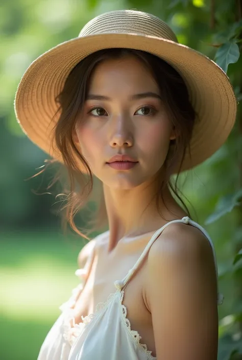 A close-up shot of a woman with a serene expression, wearing a white sundress and a wide-brimmed hat, The background should be out of focus and feature a lush garden setting