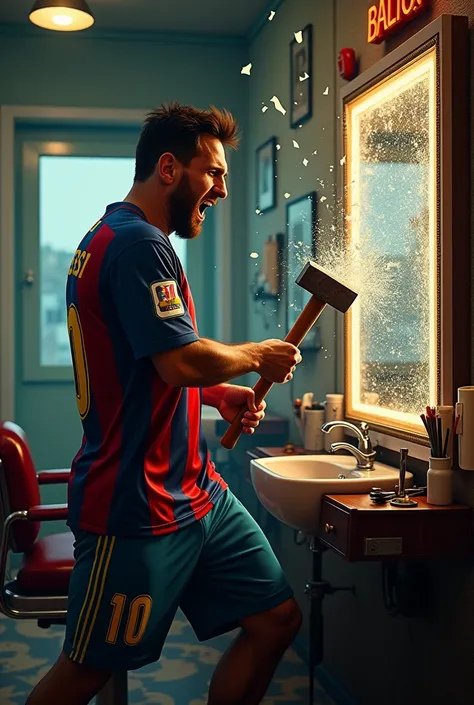 Messi breaking mirror of barber shop with hammer in Barcelona dress, Messi face to mirror 
