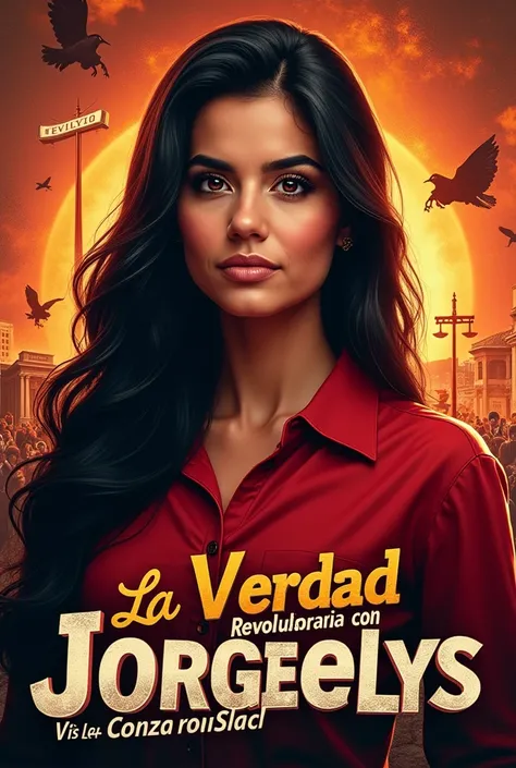 I need you to create logo or image options for a Telegram channel,  its administrator is a woman ,  has long black hair ,  brown skin , one lens, Brown eyes and he has a red shirt based on the fact that the channels name is : La Verdad Revolucionaria Con J...