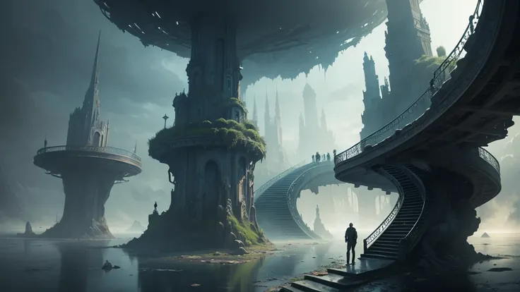 fantasy arts, floating staircase to unknown surreal dimension, a sci-fi dark scene in the background, unmanned.