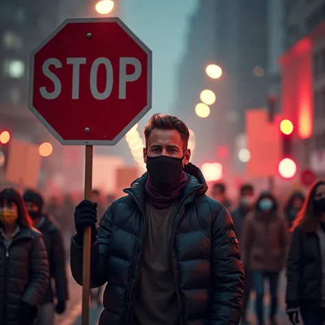 a man in political protest holding a stop sign, charismatic, flashing lights, mask, mask, simple background, smiling, short hair, precise