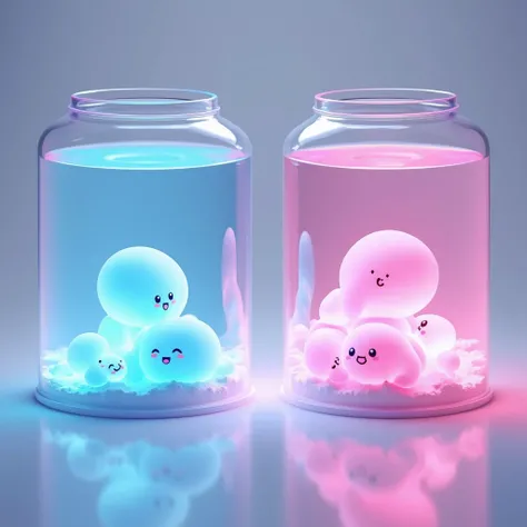 There are two acrylic huge tanks, one with blue water and one with pink water, from which cute chibi round shaped slimes emerge.