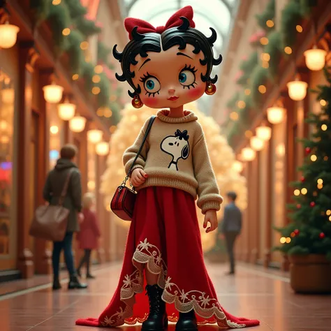 Betty boop, wearing a “史努比” face printing in the middle of a wool made sweater in color, wool made long dress in red color with white wool knitted lace, wearing ribbon headband, leather boots, wearing a mini crossbody bag with “GOYA” signature pattern on i...