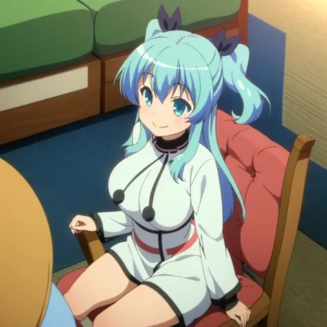 noel from sora no method, huge breast, thick legs, hips, stand, home, living room, sitting down, wood chair, smile