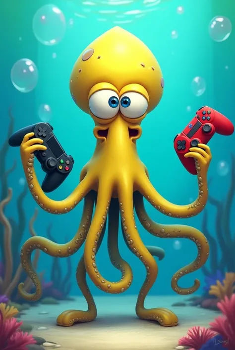 A squid from SpongeBob with game pads