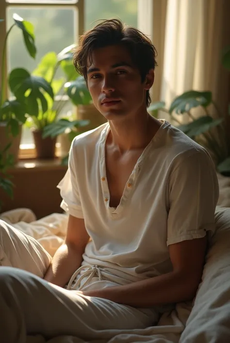 (photorealism:1.2), gorgeous young man russian greek Persian spanish german, sitting on bed, wearing loose top, pajama pants, indoors, soft lighting, plants in background, window with sunlight, cozy room, relaxed pose, realistic, intricate details, warm co...