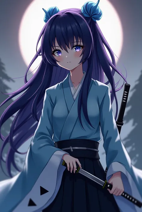 Dark purple long hair that hides the waist 　Black and blue hair　 turn a section of ones bangs blue blue blue with blue highlights on the bangs　 part of the bangs is light blue 　Dark Eyes　Sharp, Cool Eyes 　Light blue haori coat　 white triangular coat on the...