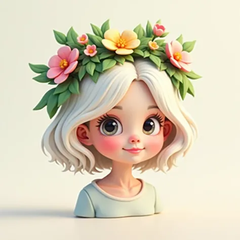 A three-dimensional cute girl icon. She has white hair and a crown of leaves and flowers. shows a like