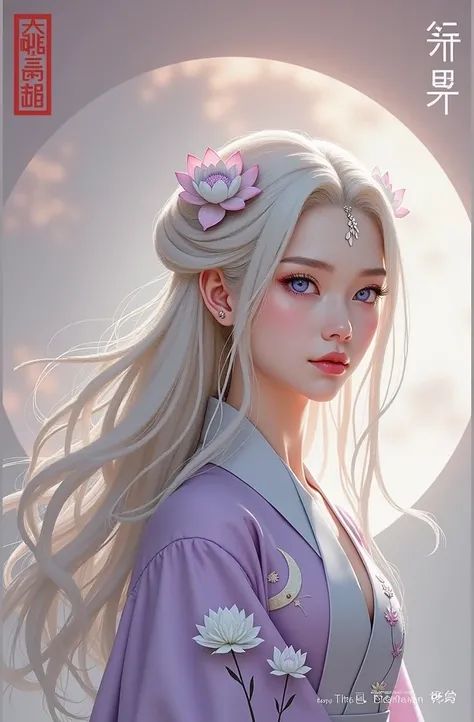  woman , purple eyes ,  eyes the color of the setting sky ,  purple eyes, white hair, white crescent moon on forehead ,  white crescent pendant on forehead ,  purple hanfu with embroidered lotuses , purple hanfu ,  lotuses are embroidered on hanfu,  girl d...