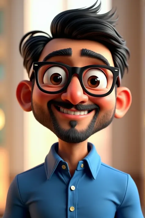 Cartoon character of a Pakistani man with black glasses and a blue shirt, animation character, Caractere estilizado, animation style rendering, 3D estilizado, Arnold Maya render, 3 d render stylized, toon render keyshot, Personagem 3D, Personagem 3D, 3d re...