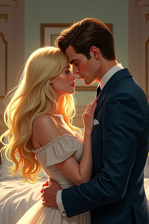  A blonde woman dressed in a long, light dress is talking in a bedroom with a man with brown hair and without a beard, dressed in dress clothes .  The two seem to argue but are suppressing a forbidden love . I want the 2D Marvel HQ style image 